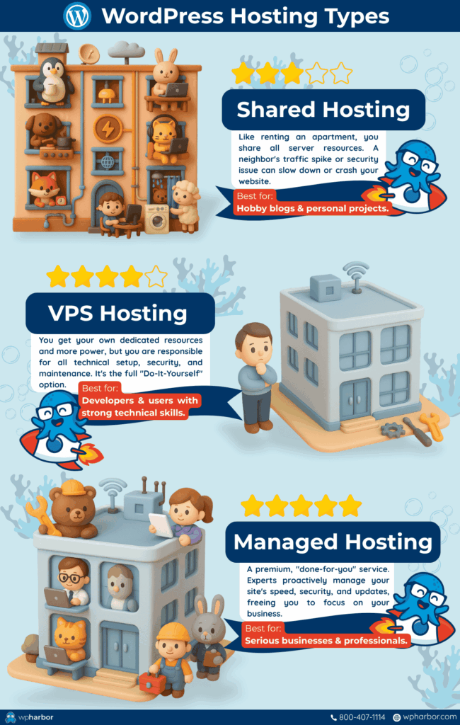 Infographic comparing the types of WordPress hosting: shared hosting, VPS hosting, and managed hosting