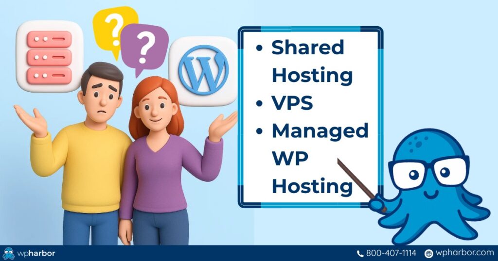 Man and woman comparing VPS vs Managed vs Shared WordPress Hosting