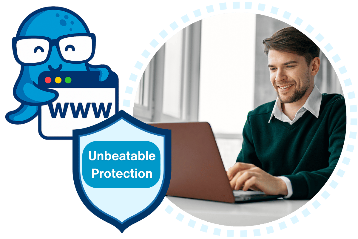 Cyber security professional using laptop providing free malware removal for managed wordpress hosting plan for free