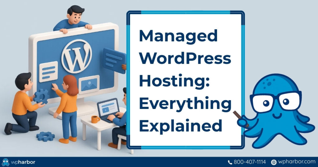 What is managed wordpress hosting heading text and 3d graphics of team embracing WordPress logo - featured image