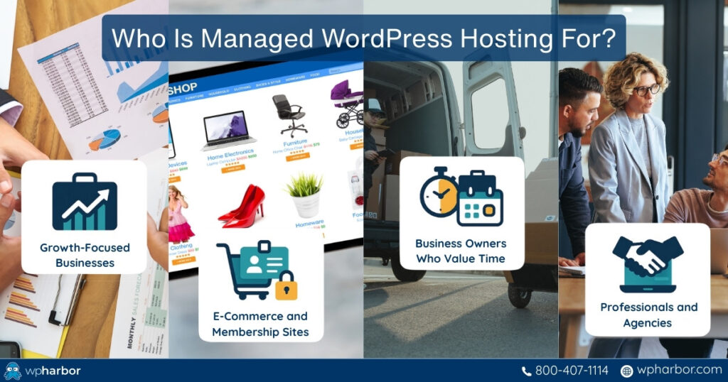 Four images showing who is managed WordPress hosting for