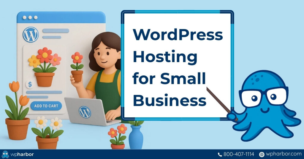 Businesswoman selling flowers using WordPress hosting for small business