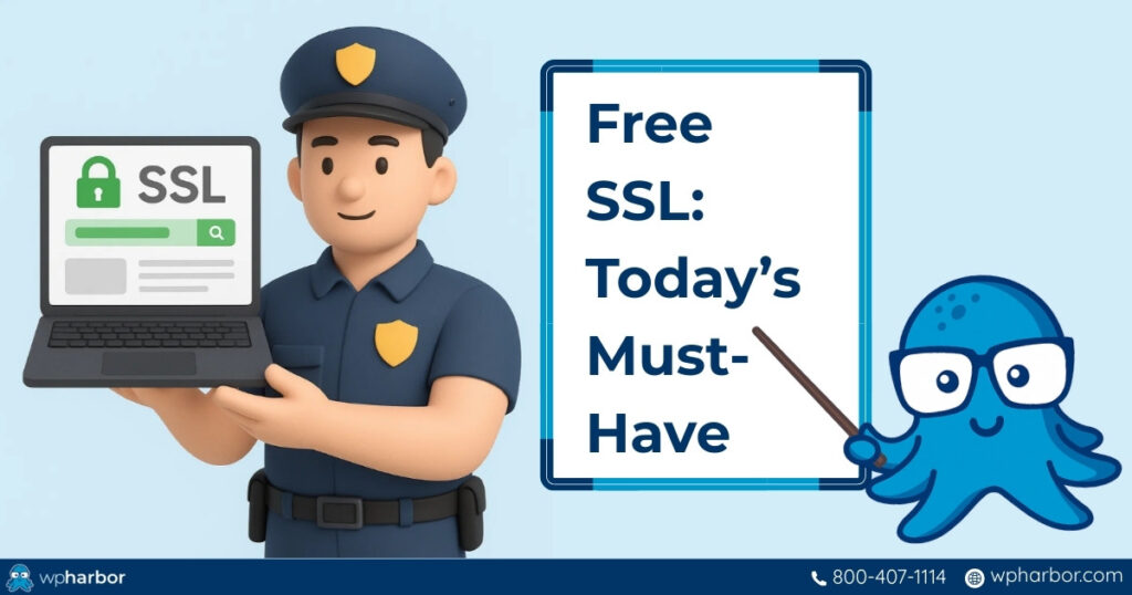 3D police officer showing WordPress Hosting with Free SSL on laptop