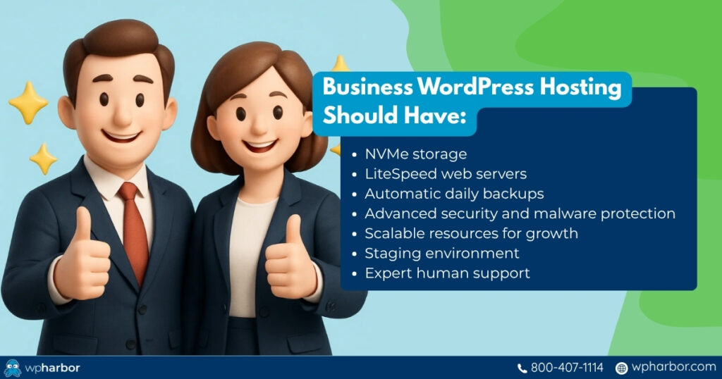 Business wordpress hosting must-have features with two people giving thumbsup