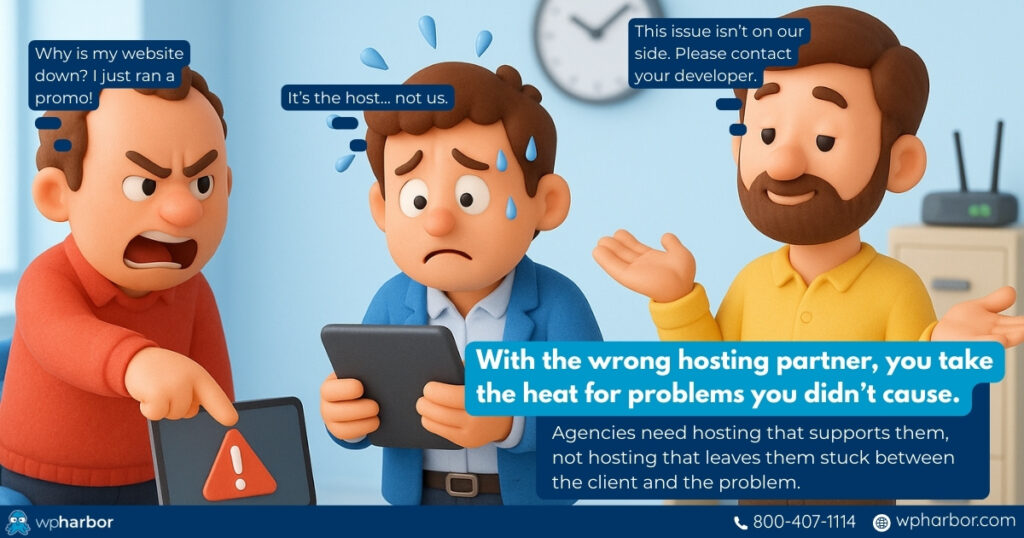 Business owner blaming the agency even though it's the hosting provider's fault
