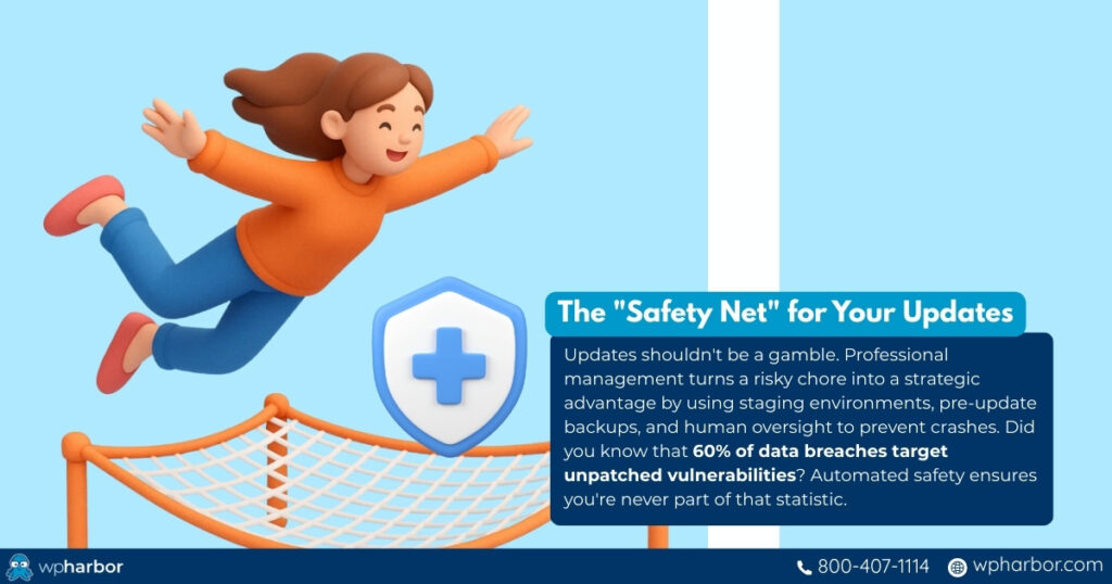 Woman jumping to a safety net that represents WP update management services for stress-free maintenance