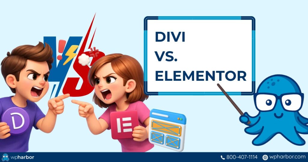 Male and female entrepreneurs fighting over which is better: Divi vs Elementor
