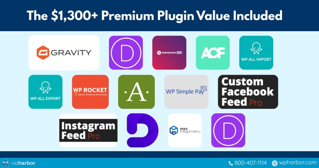 Premium plugins valued at $1,300+ as part of WP Harbor's managed hosting