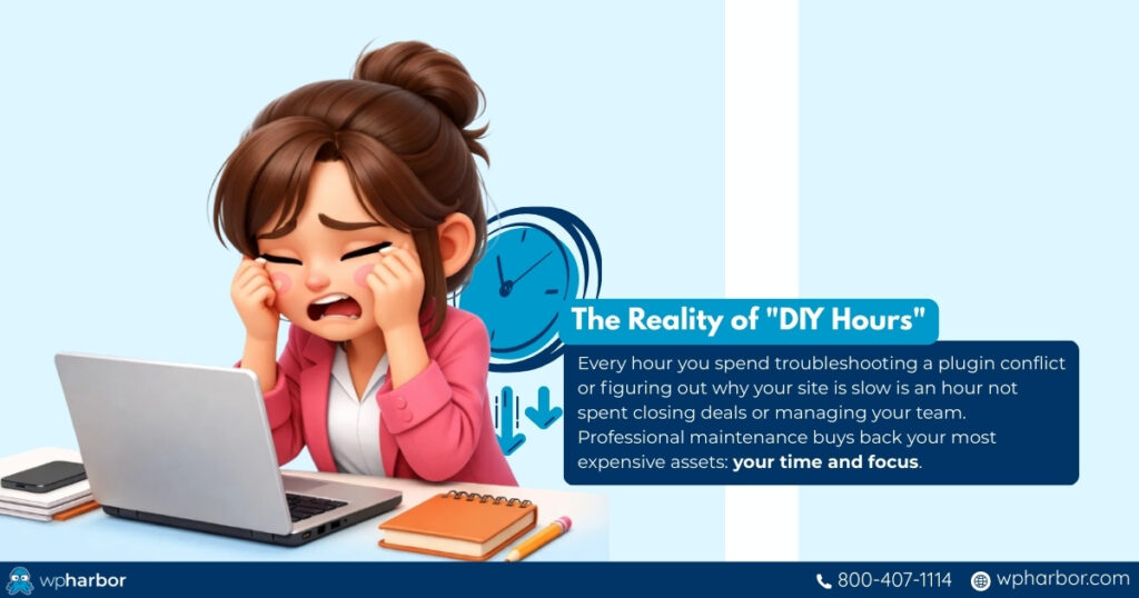 Business owner cries after learning that DIY consumes more time, money, and focus in the long run.